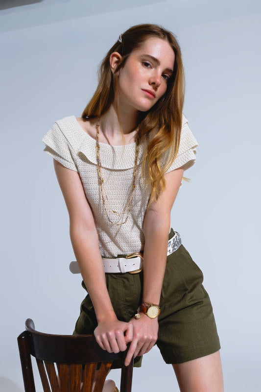 Cream Croched Short Sleeve Sweater With Boat Neck - Jumpers