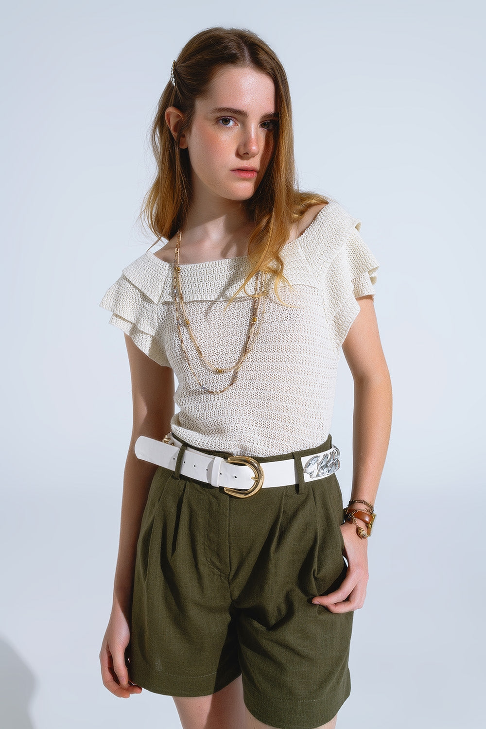 Cream Croched Short Sleeve Sweater With Boat Neck - Jumpers