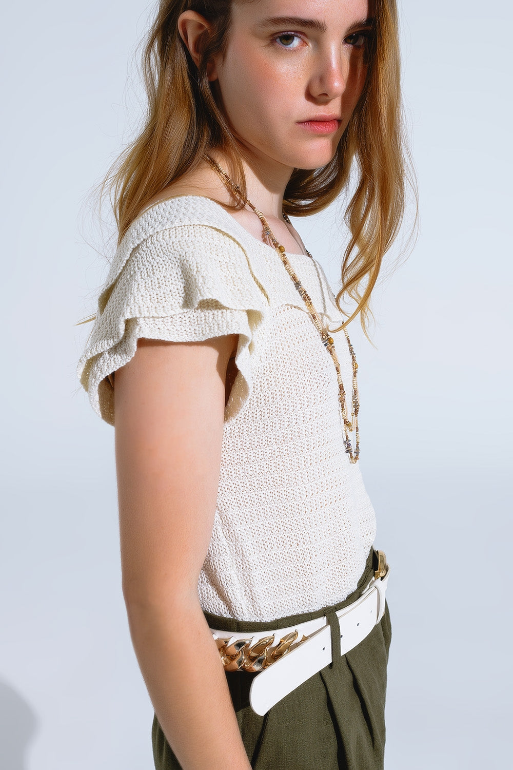Cream Croched Short Sleeve Sweater With Boat Neck - Jumpers