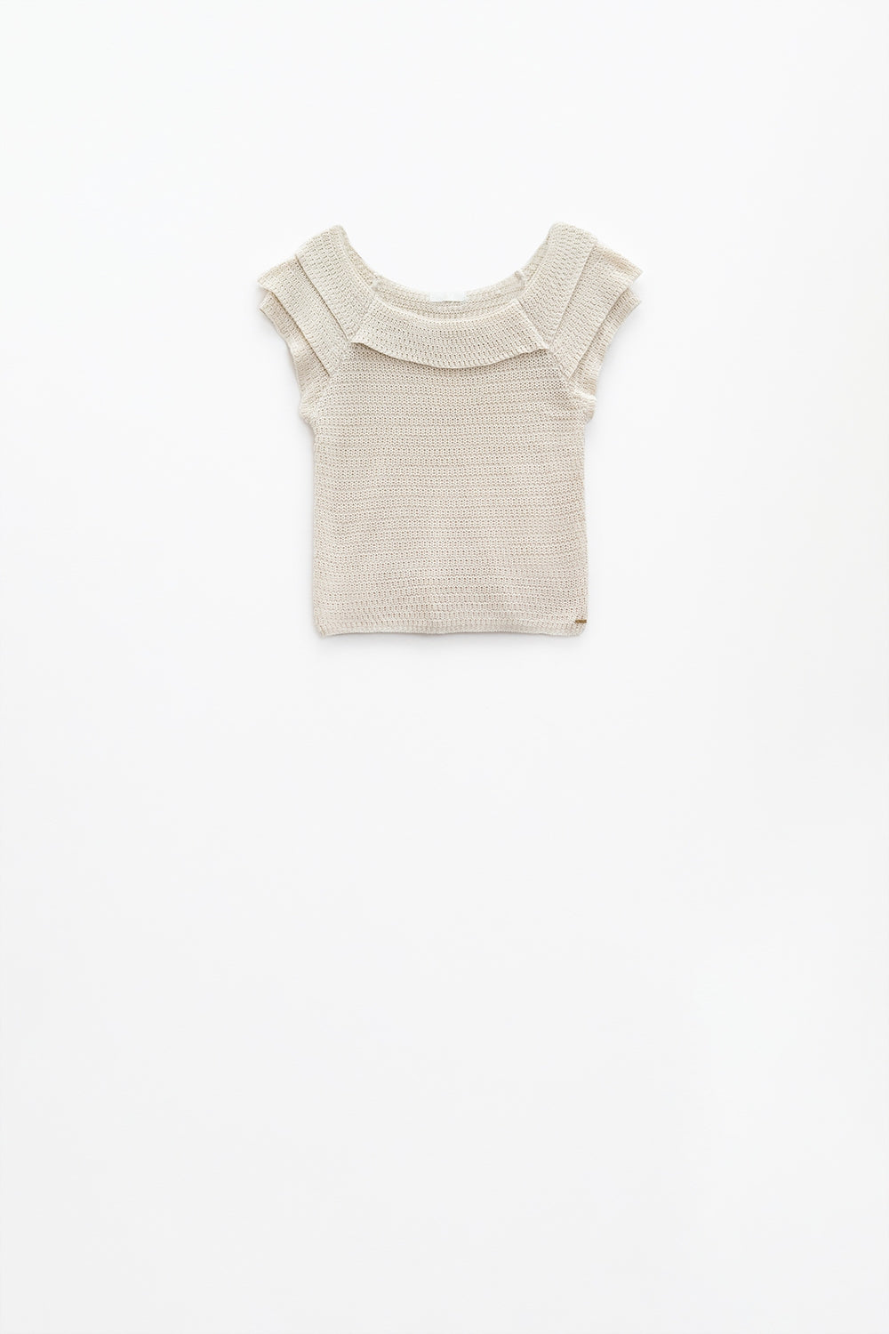 Cream Croched Short Sleeve Sweater With Boat Neck - Jumpers