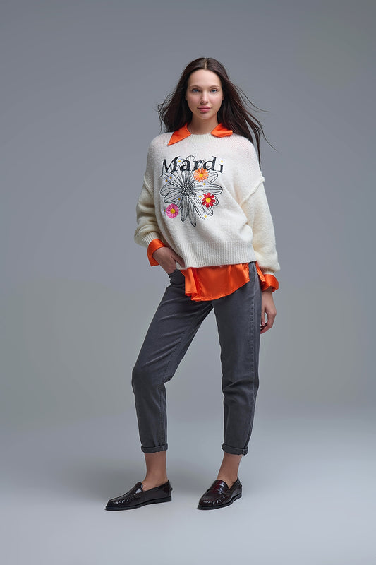 Cream Embroidered Mardi Sweater With Flowers - Sweaters