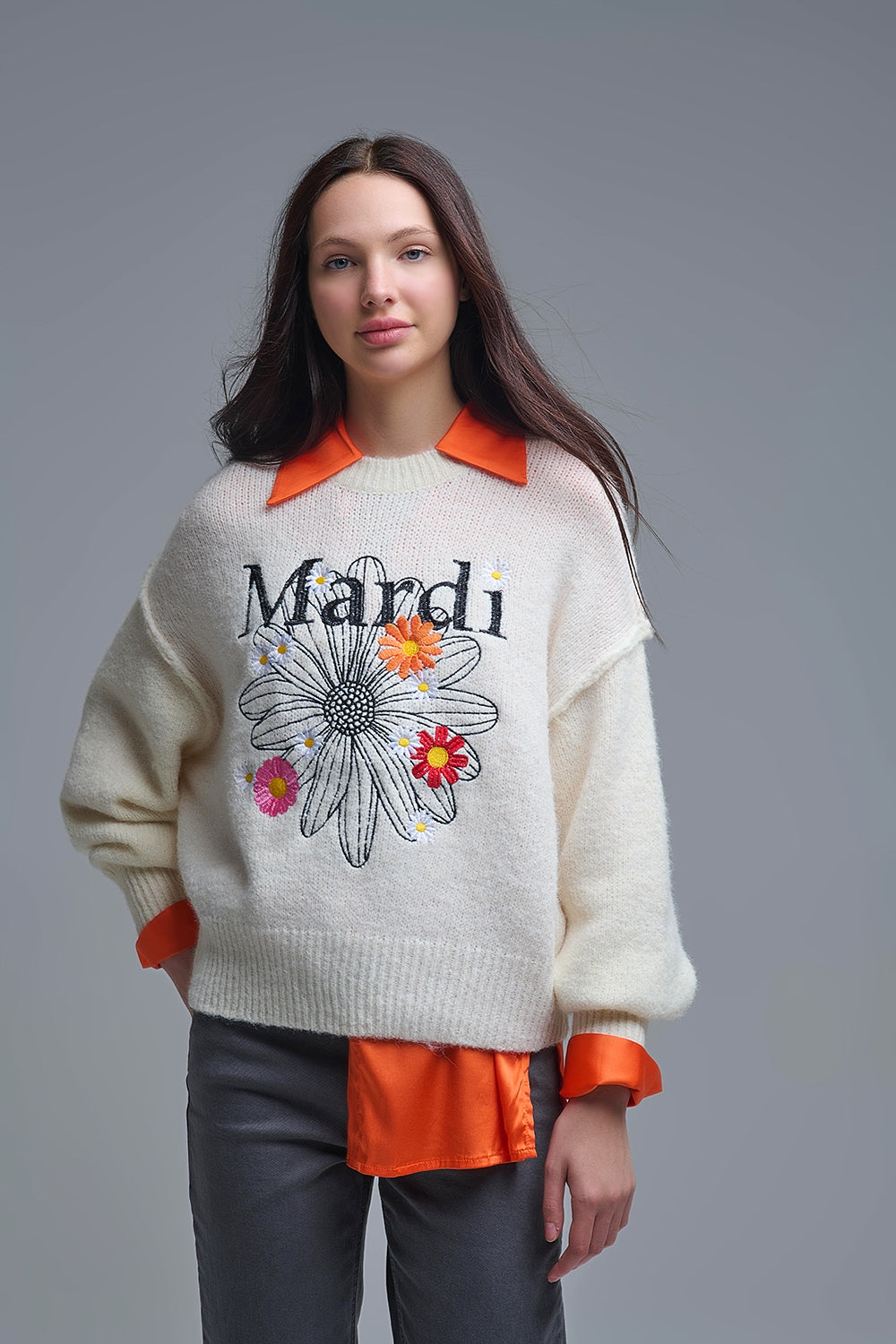 Cream Embroidered Mardi Sweater With Flowers - Sweaters