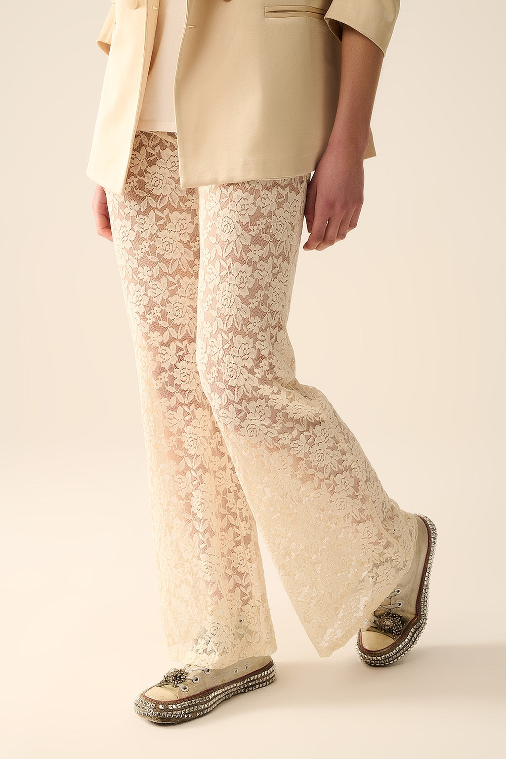 Cream flare Pants in Floral Lace - Trousers
