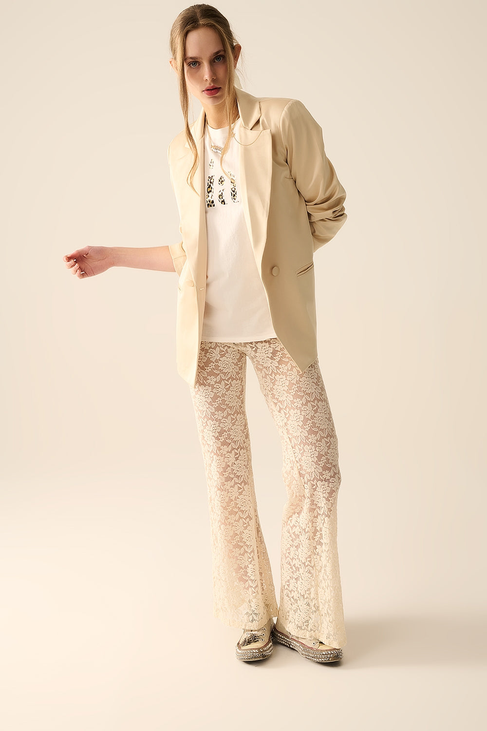 Cream flare Pants in Floral Lace - Trousers