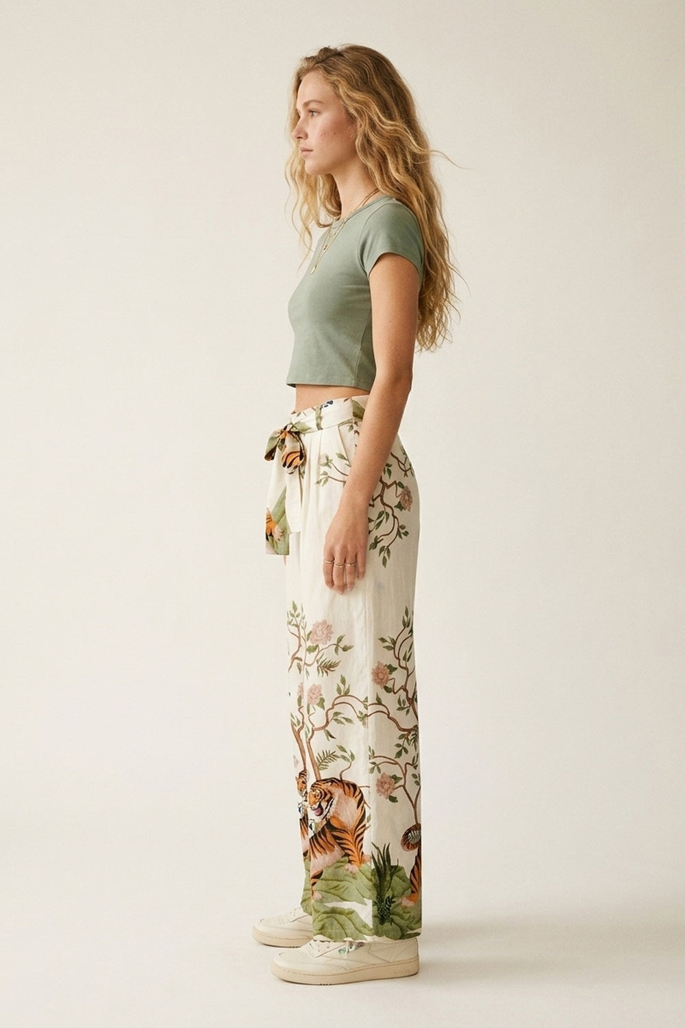 Cream Floral Print Lightweight Woven Tie Waist Wide Leg Pants - Pants