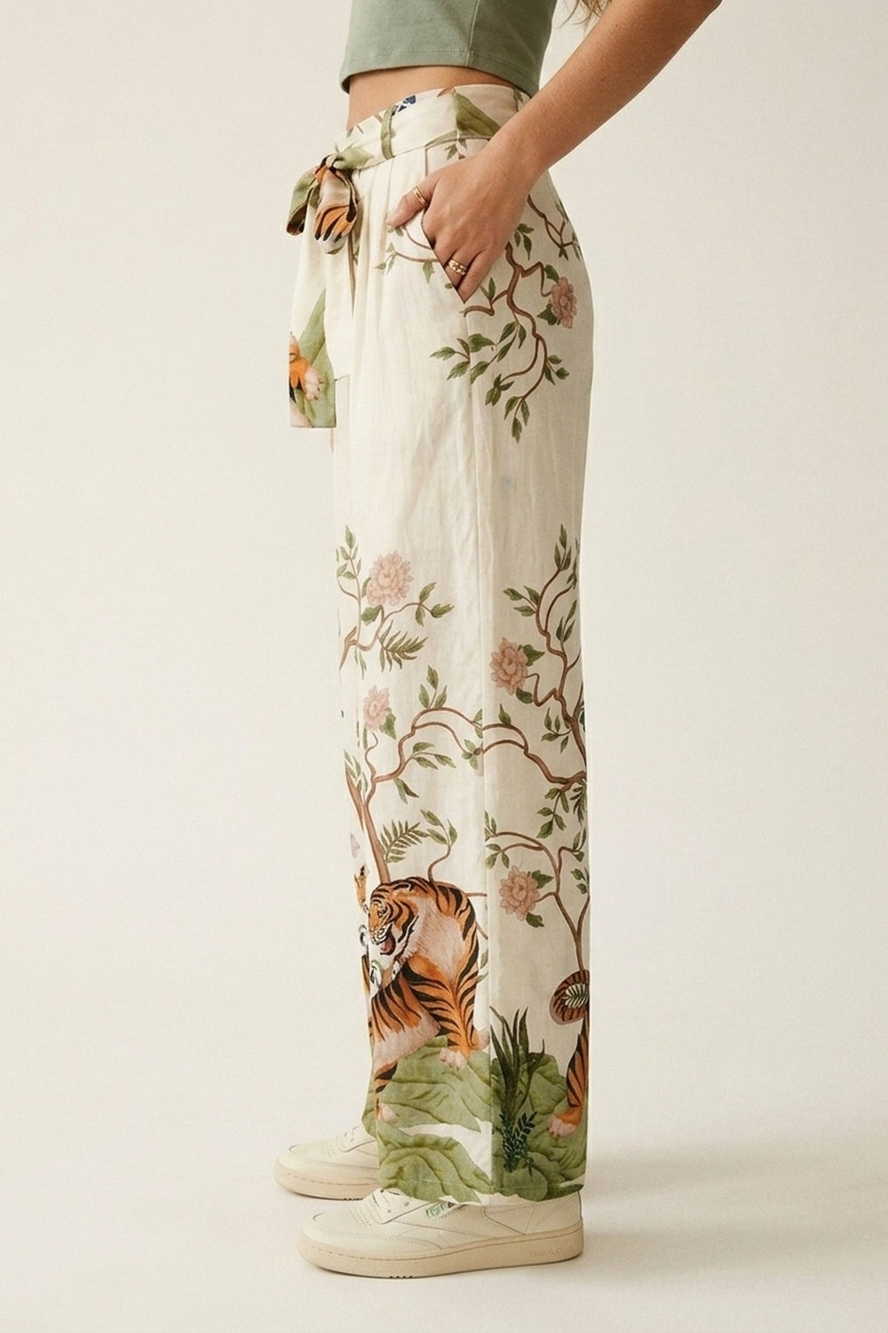 Cream Floral Print Lightweight Woven Tie Waist Wide Leg Pants - Pants