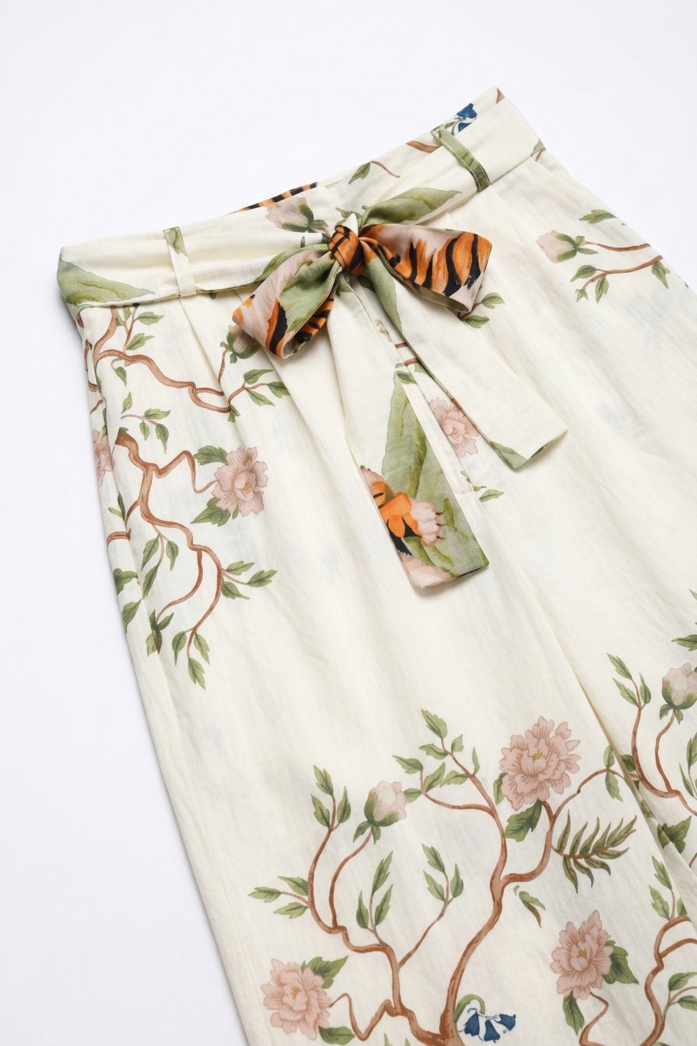 Cream Floral Print Lightweight Woven Tie Waist Wide Leg Pants - Pants