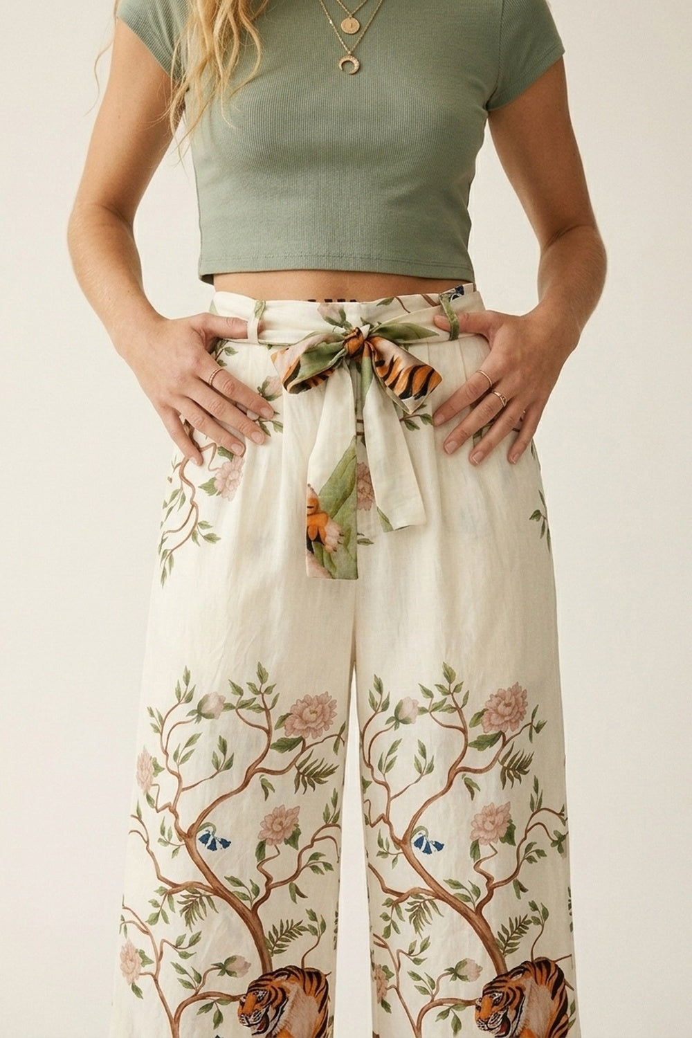 Cream Floral Print Lightweight Woven Tie Waist Wide Leg Pants - Pants