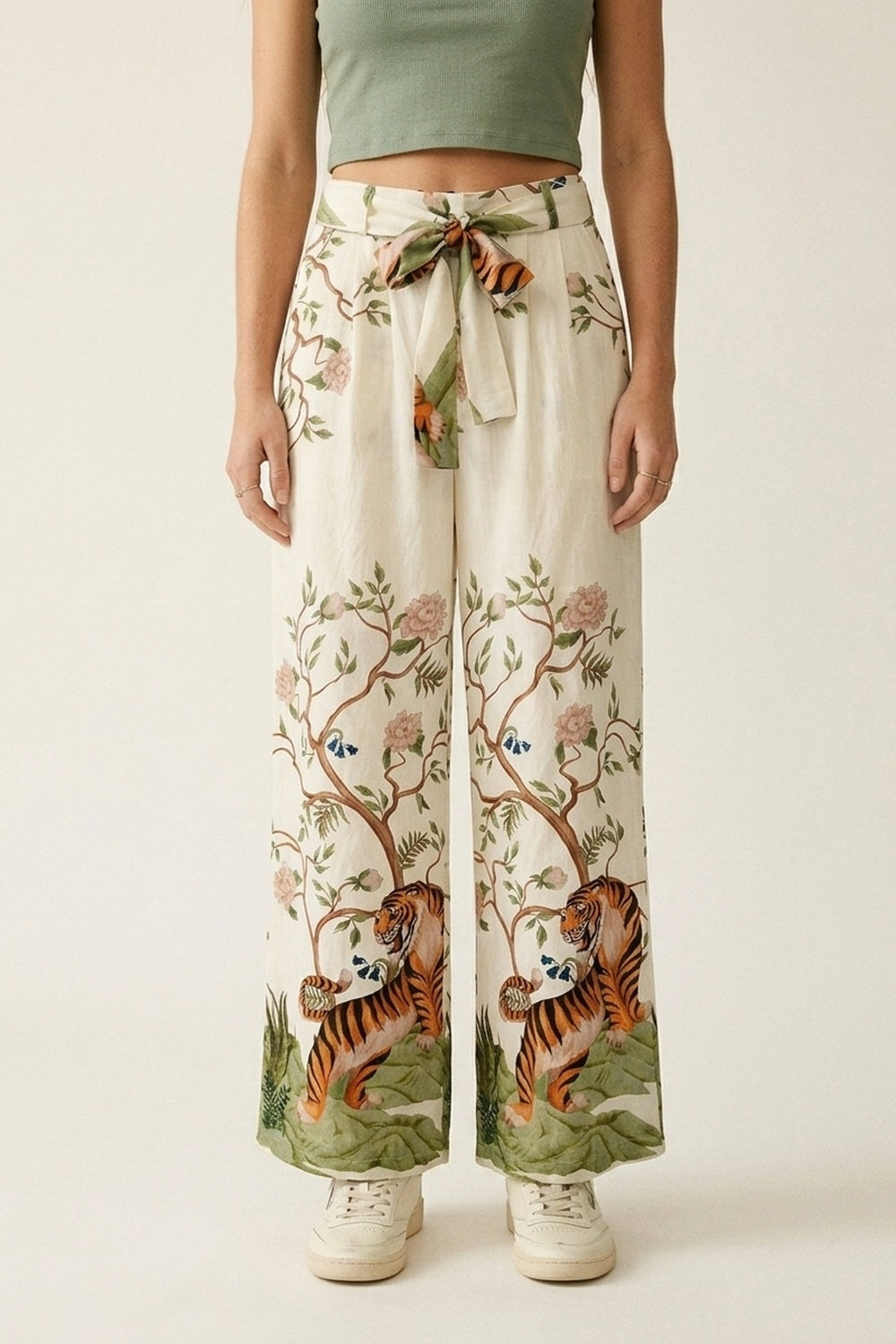 Cream Floral Print Lightweight Woven Tie Waist Wide Leg Pants - Pants