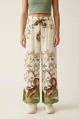 Cream Floral Print Lightweight Woven Tie Waist Wide Leg Pants