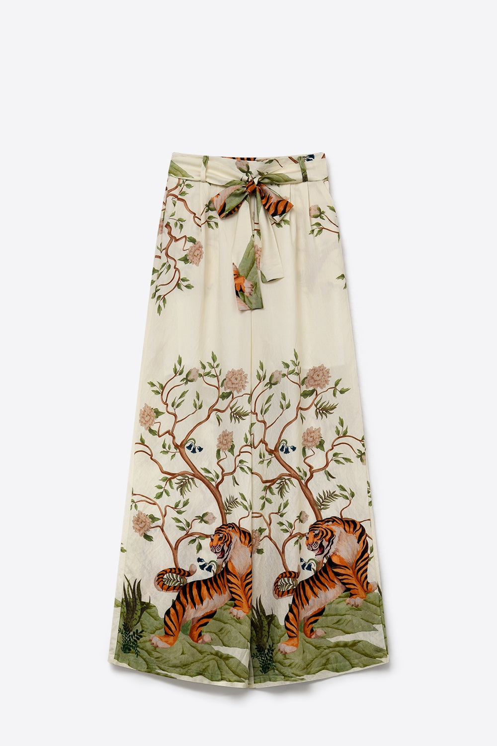 Cream Floral Print Lightweight Woven Tie Waist Wide Leg Pants - Pants