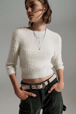 cream fluffy knit sweater with 3/4 sleeves