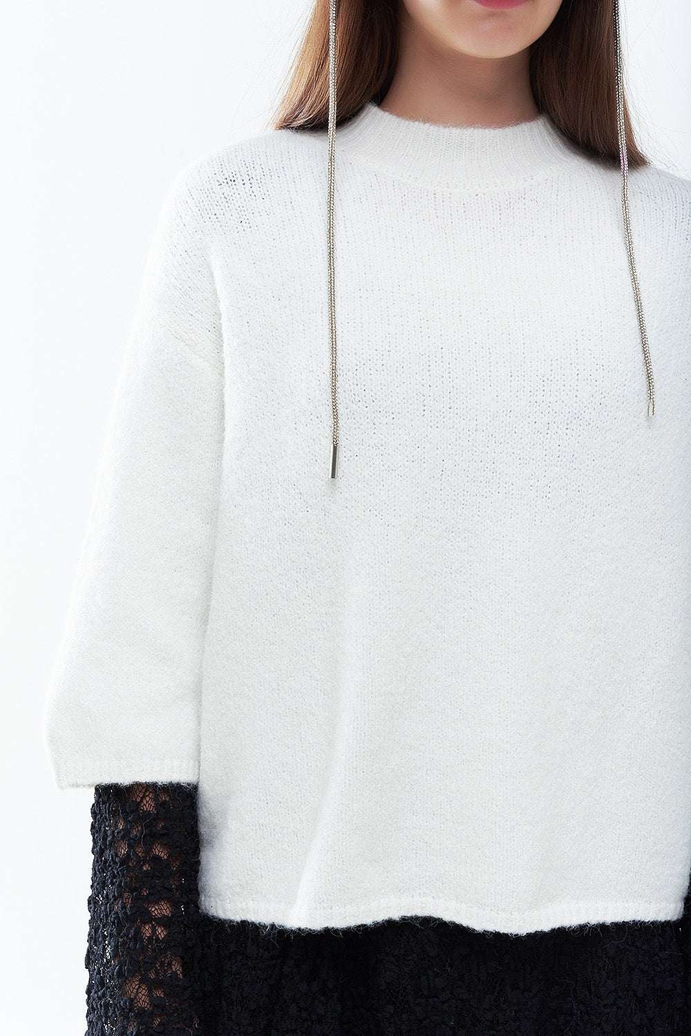 cream Fluffy sweater with three-quarter sleeves and round neck - Jumpers