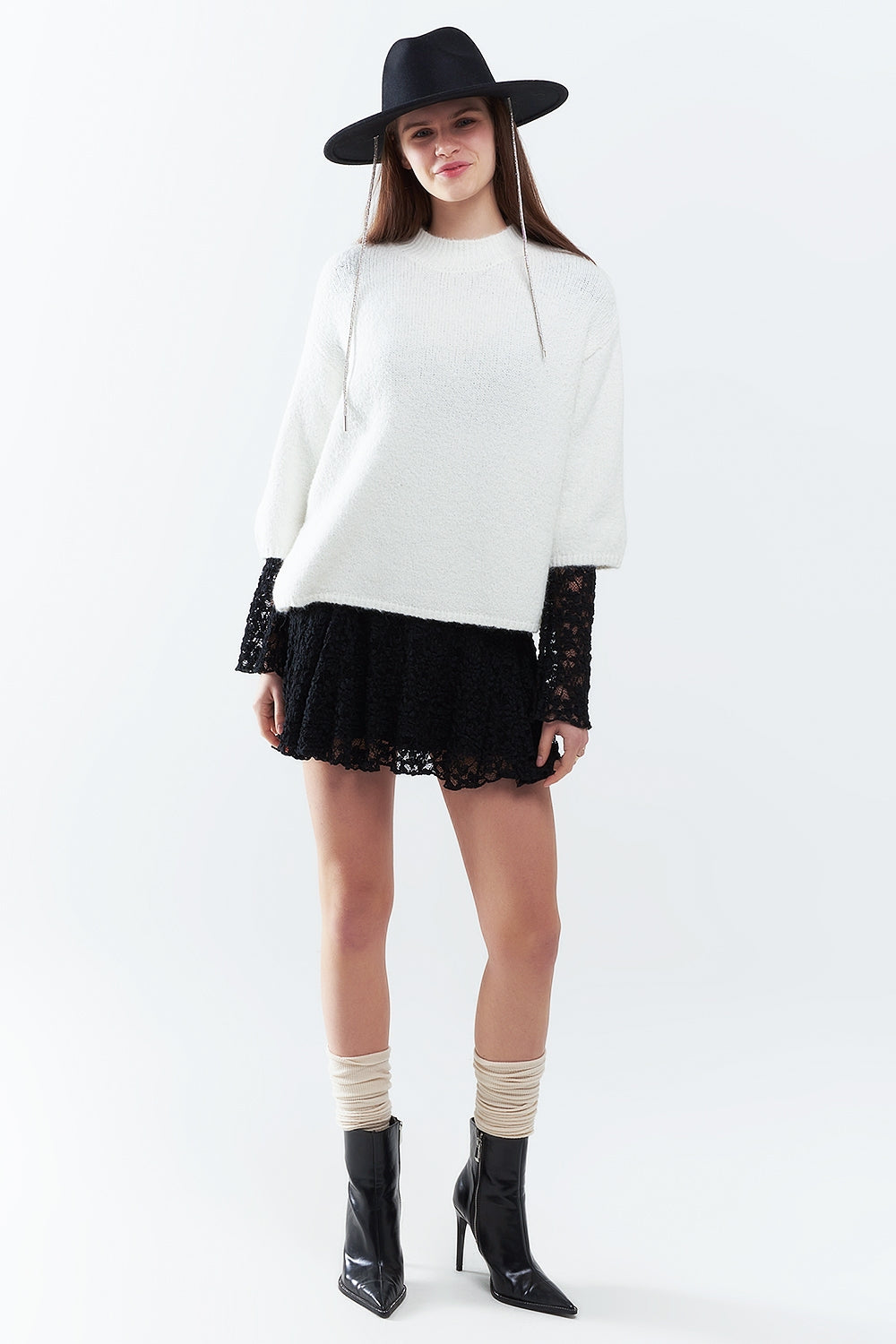 cream Fluffy sweater with three-quarter sleeves and round neck - Jumpers