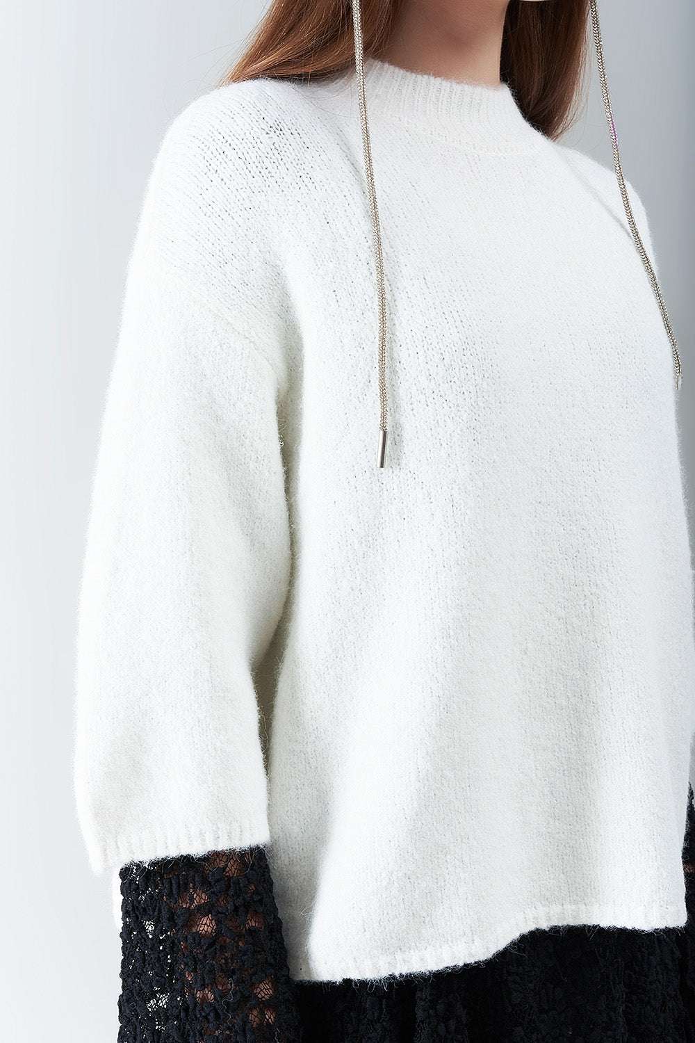 cream Fluffy sweater with three-quarter sleeves and round neck - Jumpers