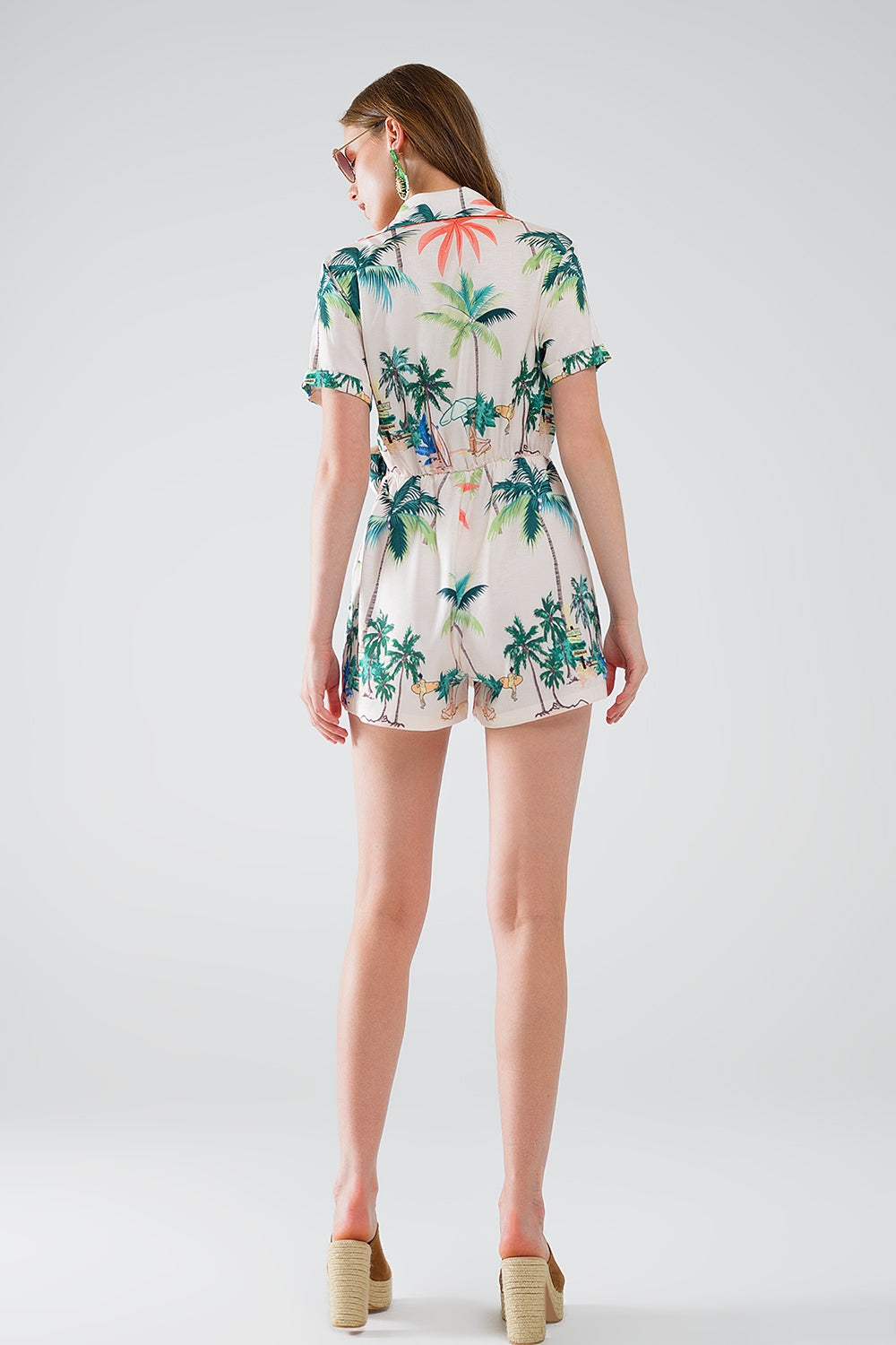 Cream Jumpsuit with beach Print and Crossed Top - Dresses