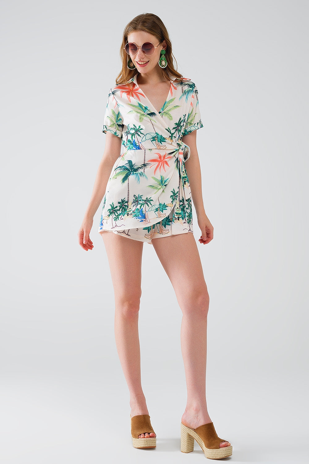 Cream Jumpsuit with beach Print and Crossed Top - Dresses