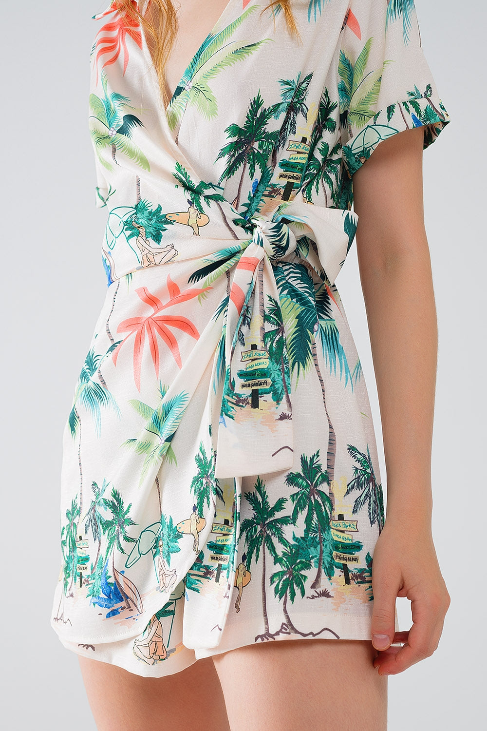 Cream Jumpsuit with beach Print and Crossed Top - Dresses