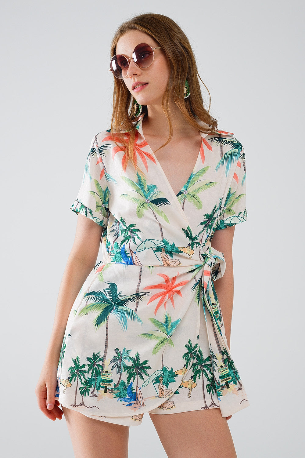 Cream Jumpsuit with beach Print and Crossed Top - Dresses