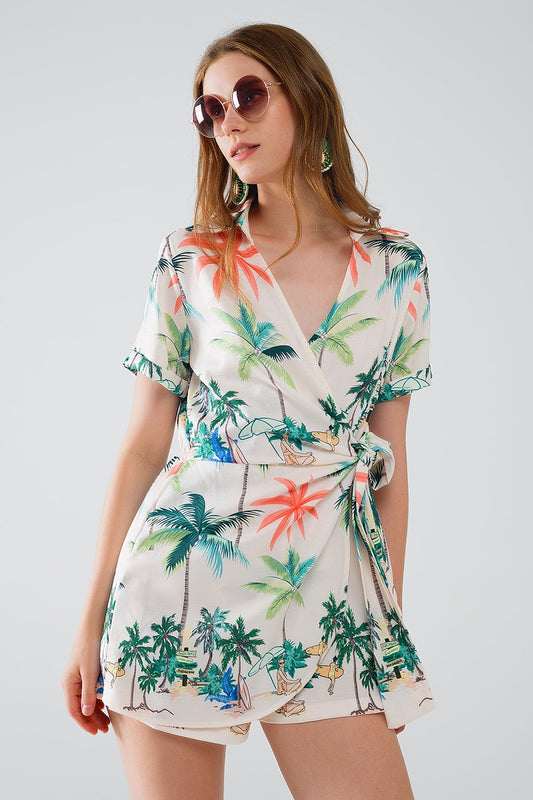 Cream Jumpsuit with beach Print and Crossed Top - Dresses