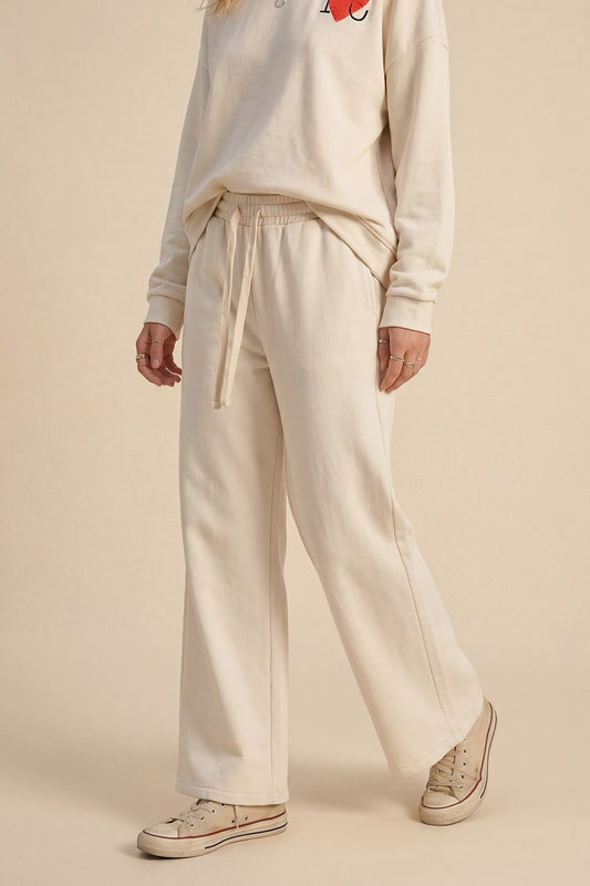 Cream Knit Straight Fit Sweatpants with elastic waist and Tie - Pants