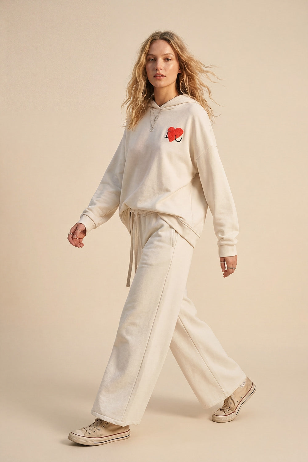 Cream Knit Straight Fit Sweatpants with elastic waist and Tie - Pants