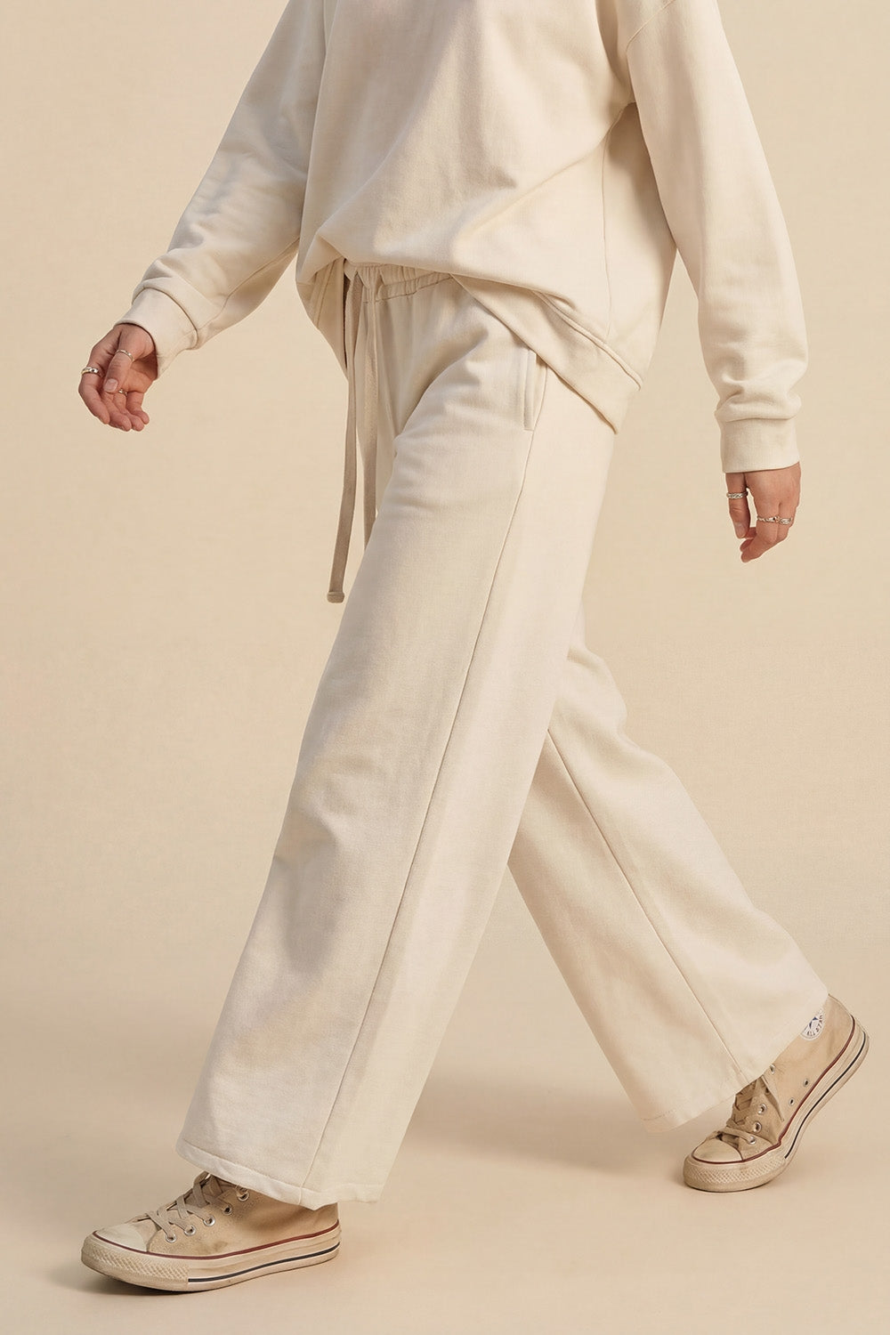Cream Knit Straight Fit Sweatpants with elastic waist and Tie - Pants
