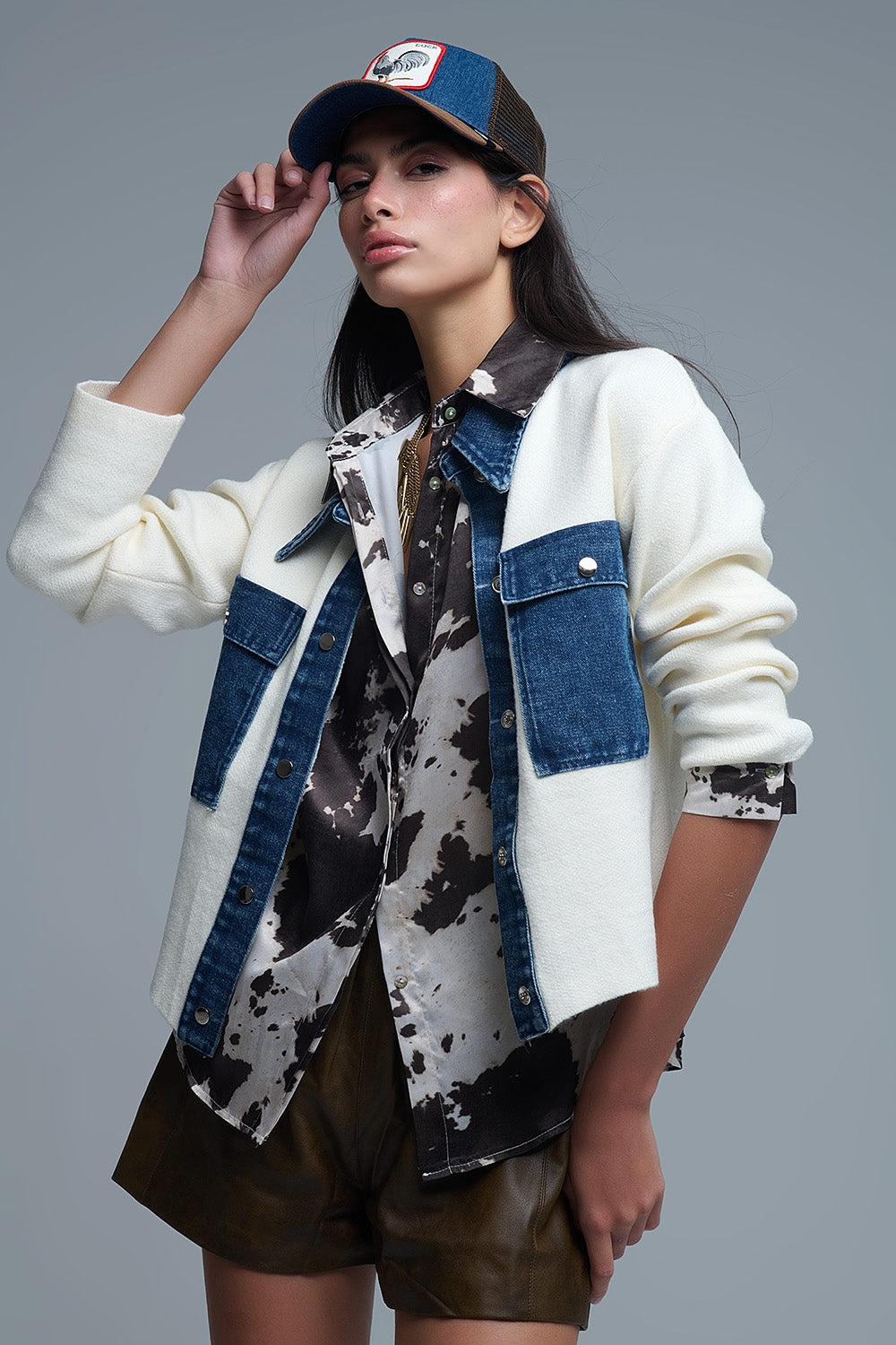 Cream Knitted Cardigan With Blue Denim Details - Coats and Jackets