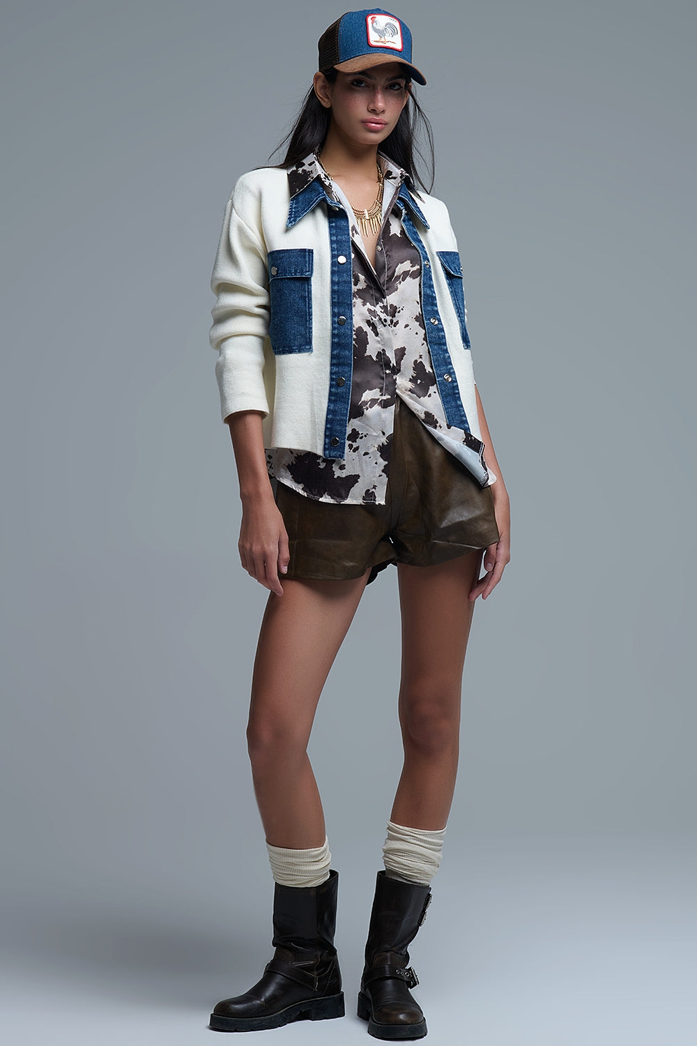 Cream Knitted Cardigan With Blue Denim Details - Coats and Jackets