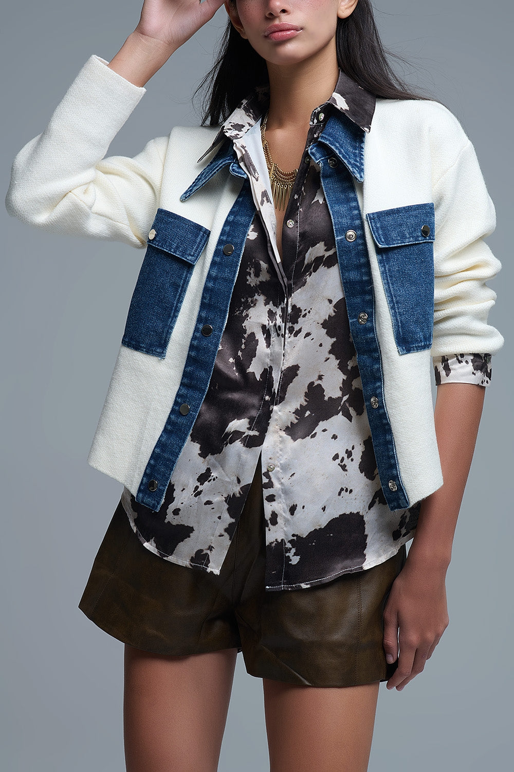 Cream Knitted Cardigan With Blue Denim Details - Coats and Jackets