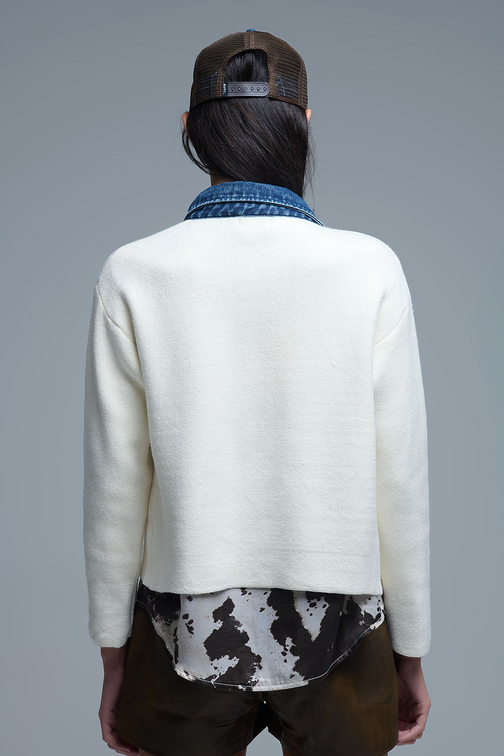 Cream Knitted Cardigan With Blue Denim Details - Coats and Jackets