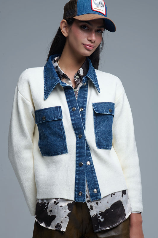 Cream Knitted Cardigan With Blue Denim Details - Coats and Jackets
