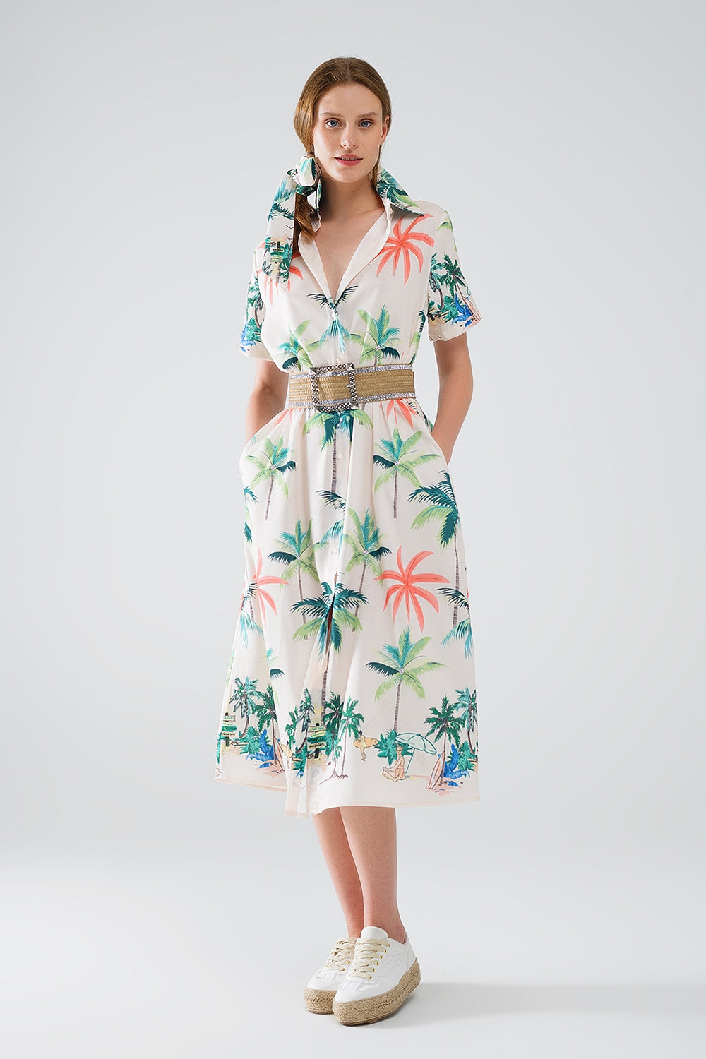 Cream Midi Dress with Beach Print and Polo Collar - Dresses