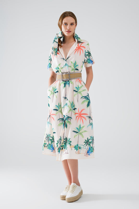 Cream Midi Dress with Beach Print and Polo Collar - Dresses