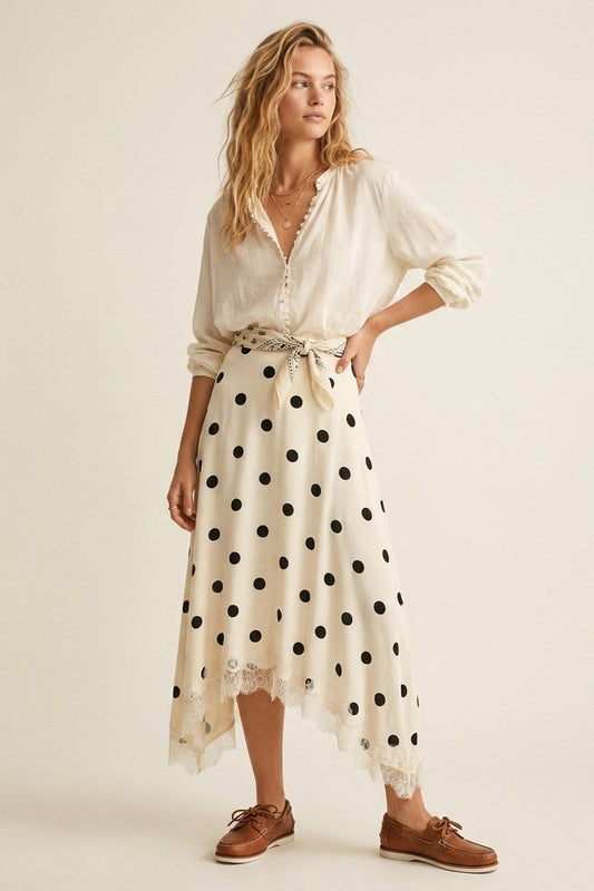 Cream Polka-Dot Print Satin Lace Trim Asymmetrical Midi Skirt - Skirts