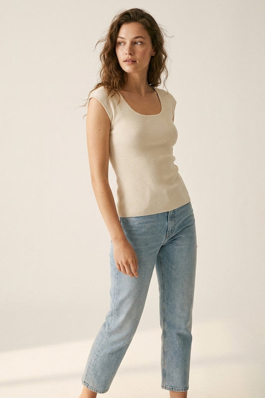 Cream Ribbed Knit Scoop Neck Cap Sleeve Top -