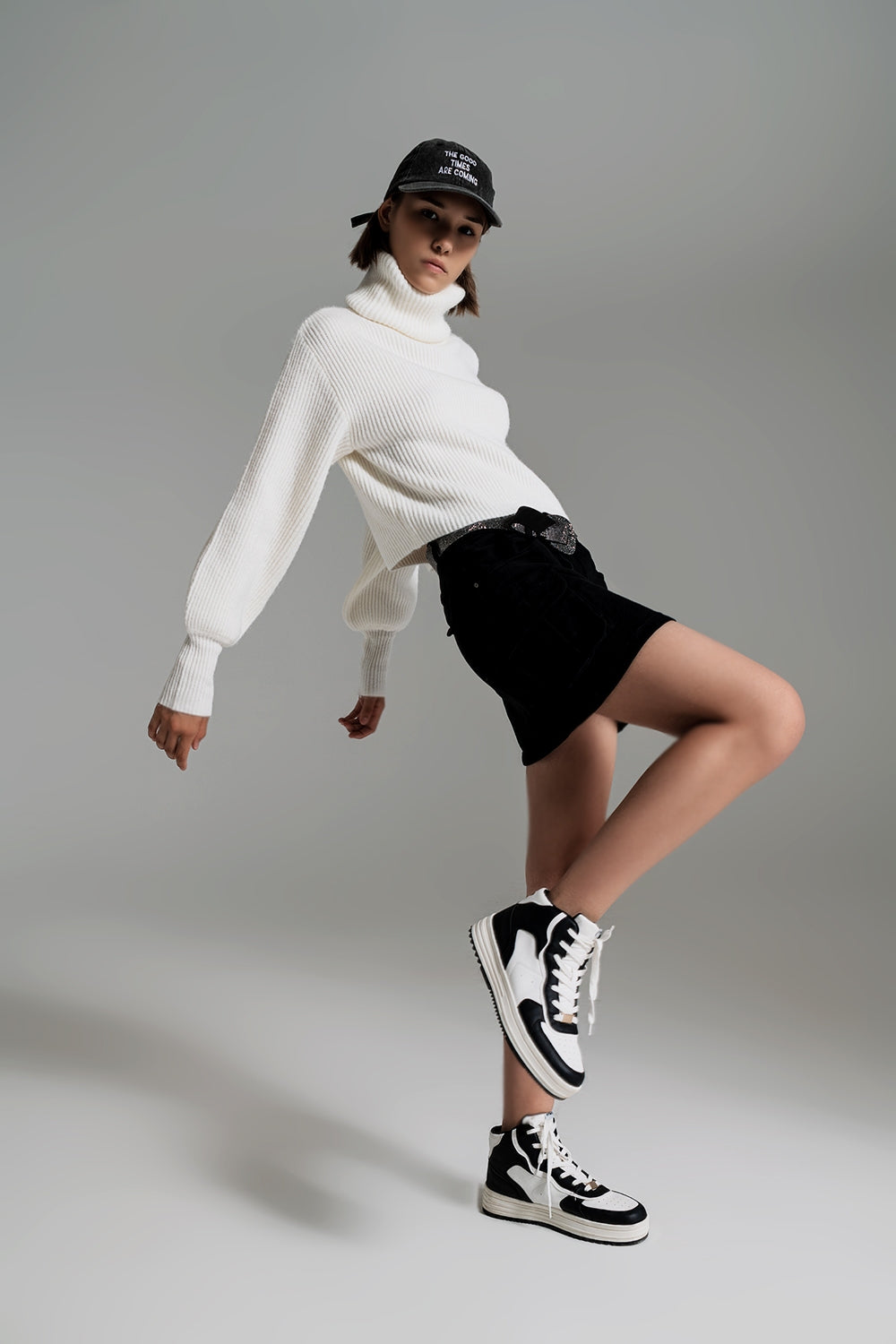 Cream ribbed knit turtleneck jumper with balloon sleeves - Jumpers