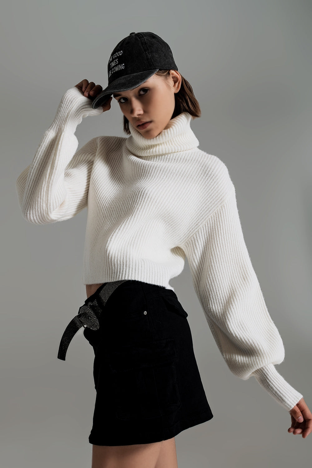 Cream ribbed knit turtleneck jumper with balloon sleeves - Jumpers