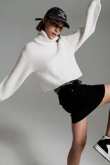 Cream ribbed knit turtleneck jumper with balloon sleeves