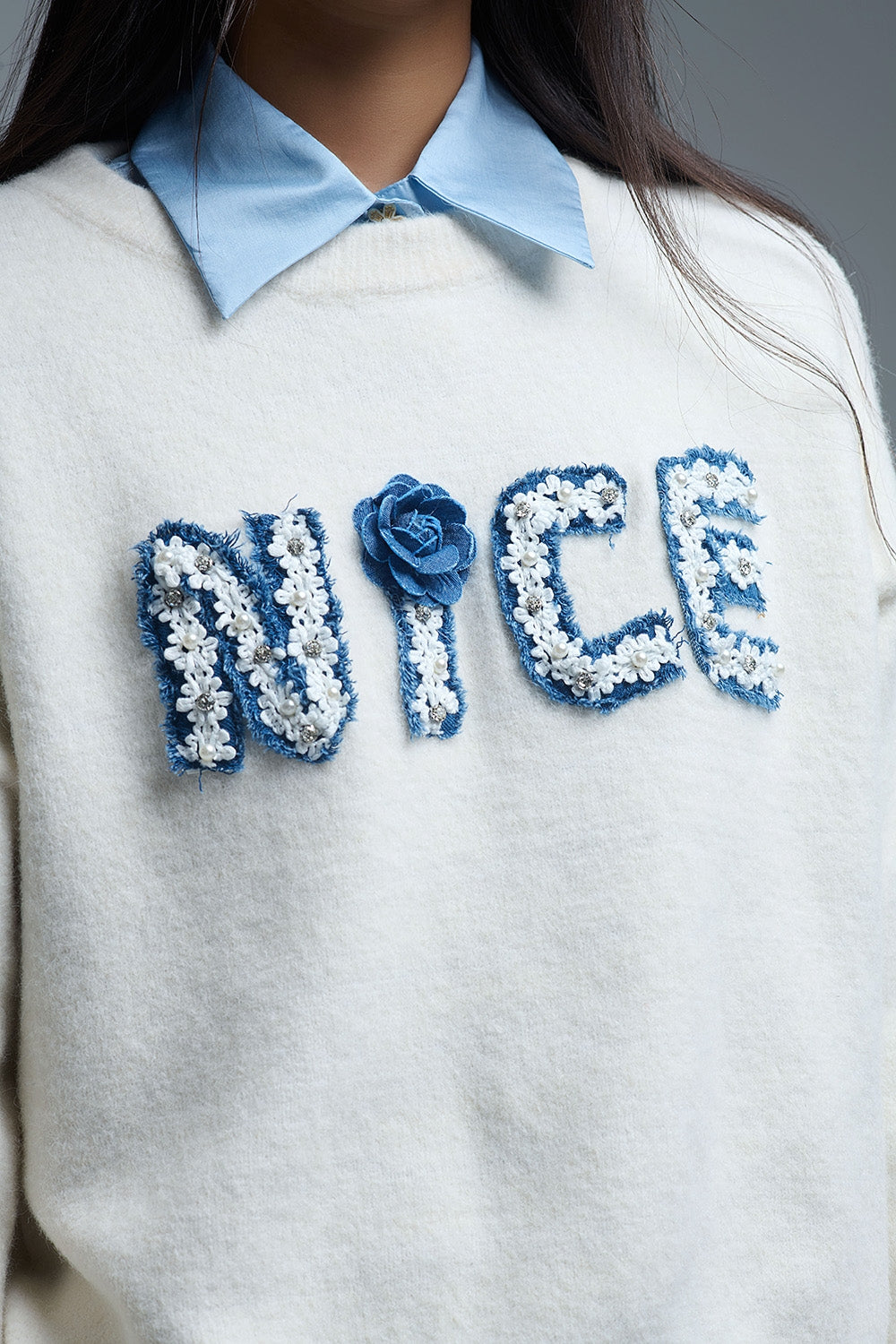 Cream Round Neck Sweater With Embroidered Nice - Sweaters