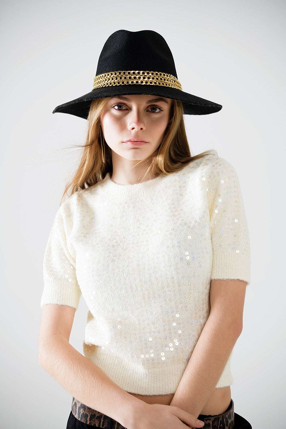 Cream short sleeve sequin sweater - Jumpers