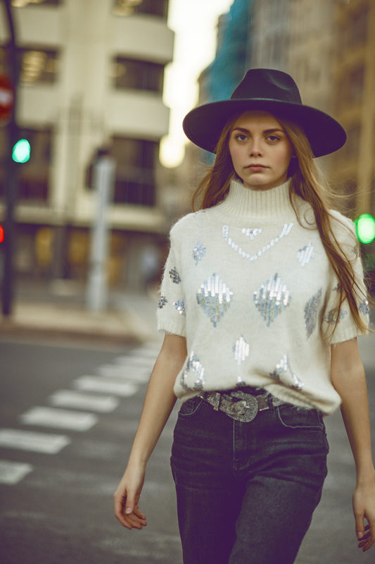 Cream short sleeve sweater with sequin embellishment - Jumpers