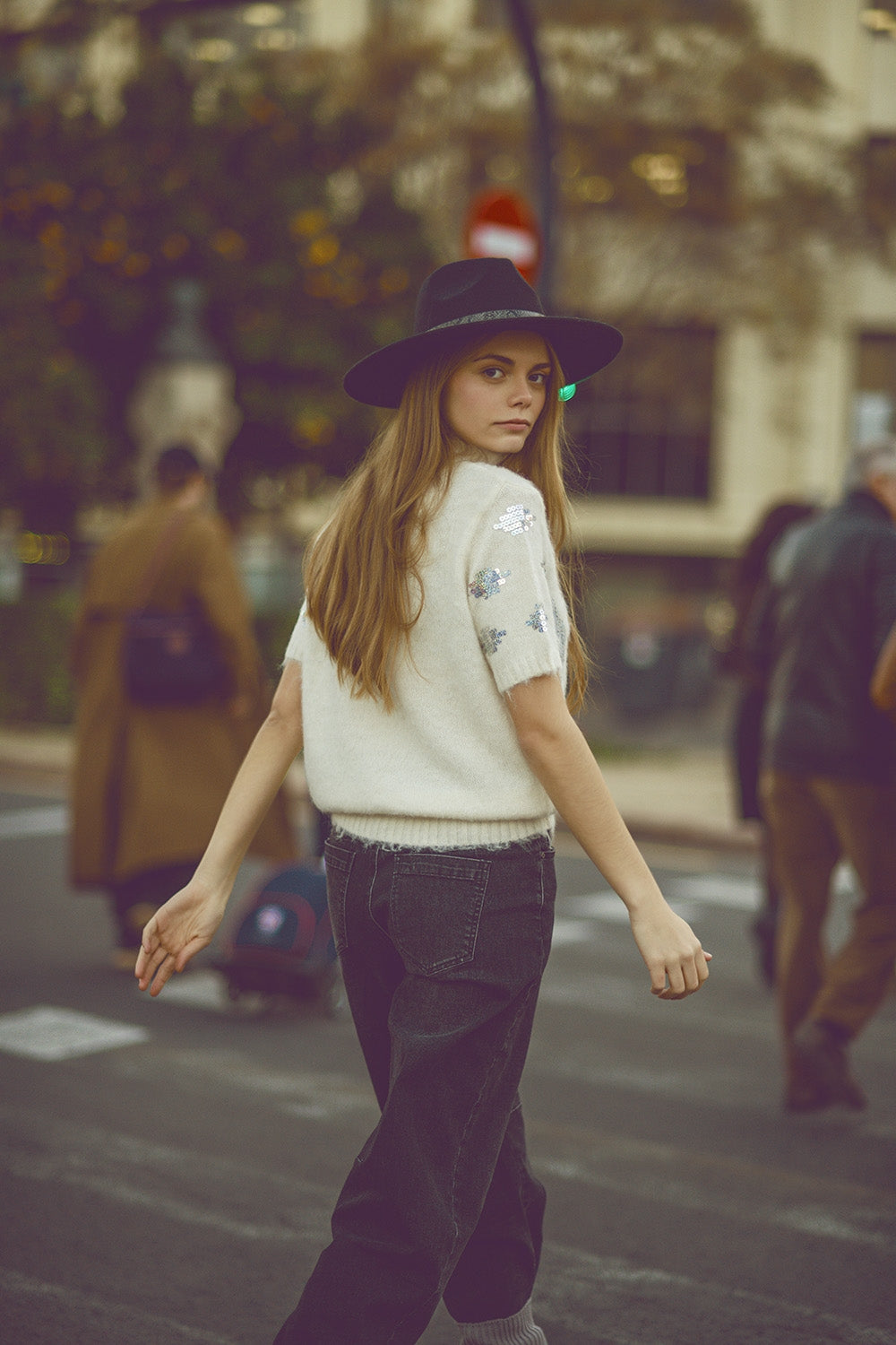 Cream short sleeve sweater with sequin embellishment - Jumpers