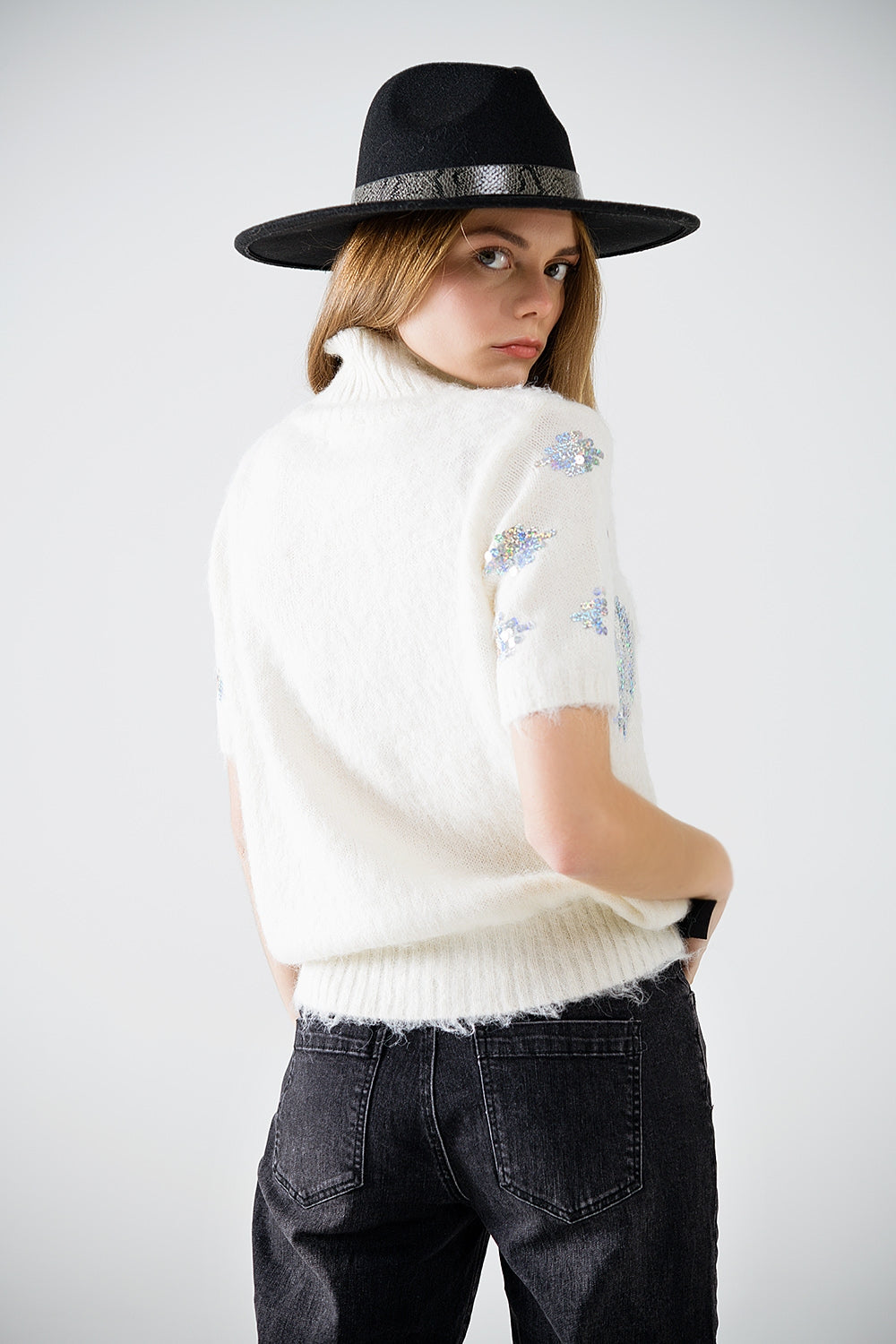 Cream short sleeve sweater with sequin embellishment - Jumpers