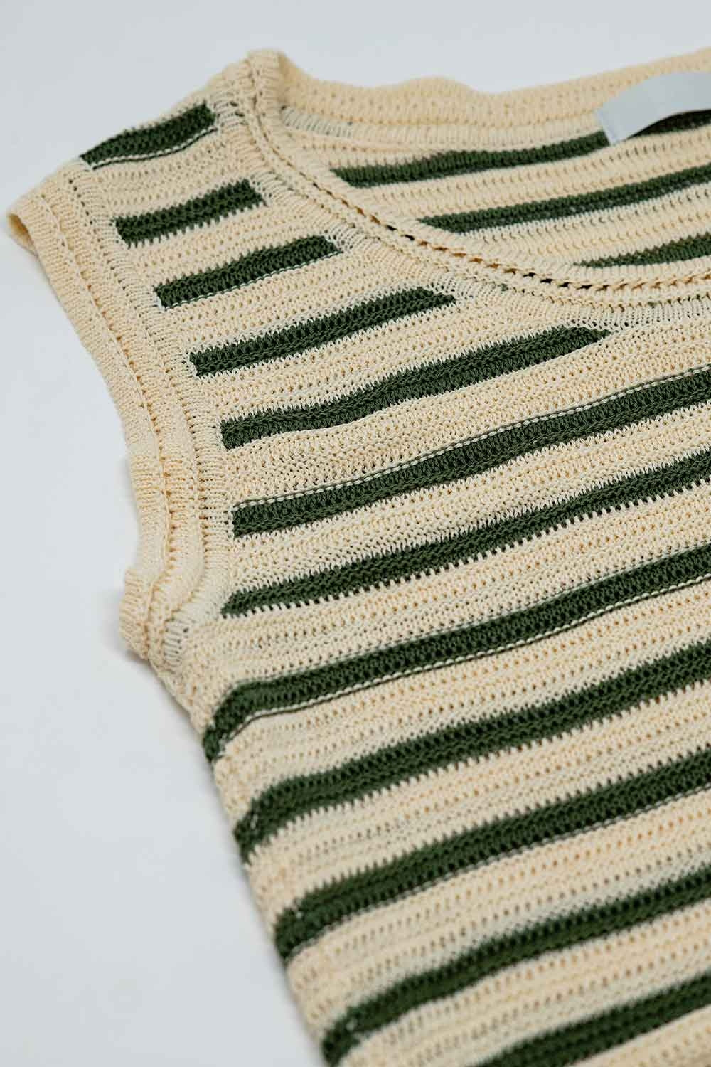 Cream sleeveless knit top with khaki stripes - Jumpers