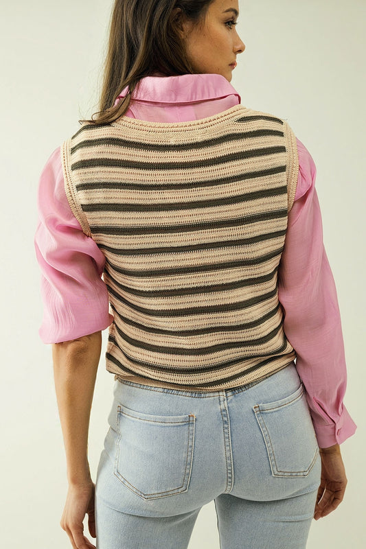 Cream sleeveless knit top with khaki stripes - Jumpers