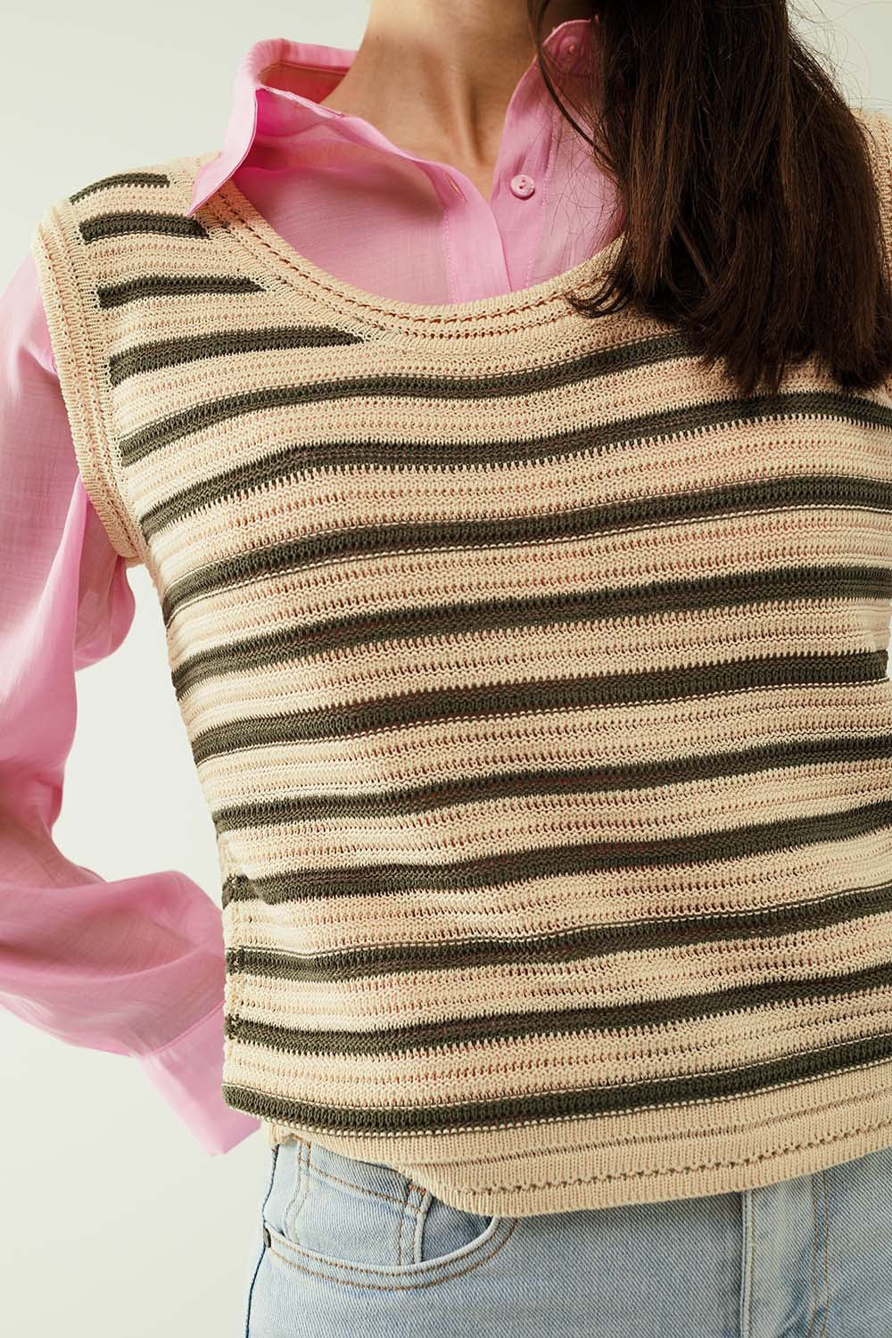 Cream sleeveless knit top with khaki stripes - Jumpers