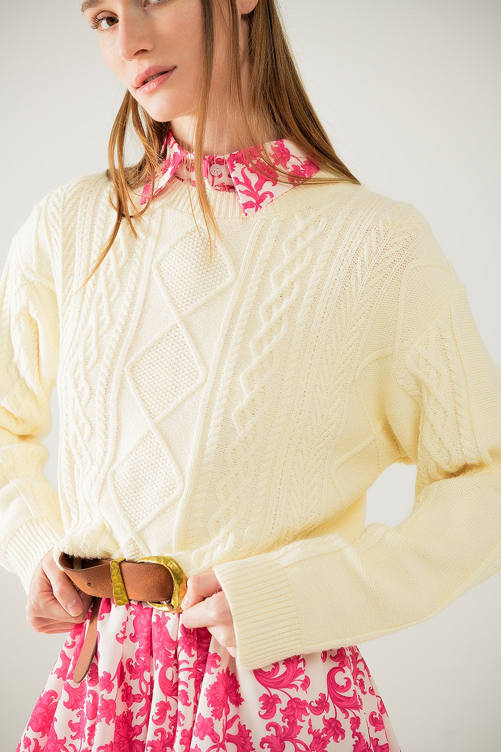 Cream soft knit sweater with cable pattern - Jumpers