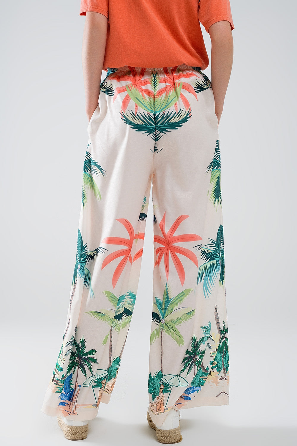 Cream Straight Leg Pants with Beach Print and Elastic Waist - Trousers