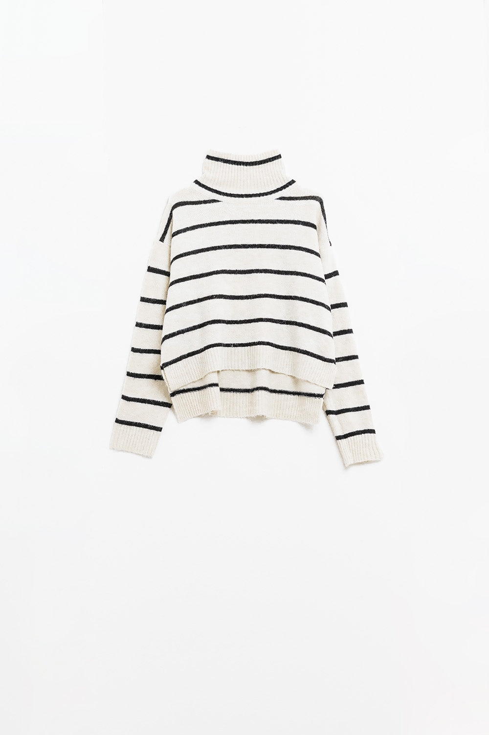 Cream striped sweater in black with high neck - Jumpers